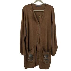 Blue Fish Cardigan Full Button Front size XXL Brown Lock & Key Hand Painted Art